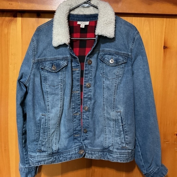 Style & Co denim jacket size XL loose boxy faux lamb fluffy collar grunge 90’s - Picture 1 of 3